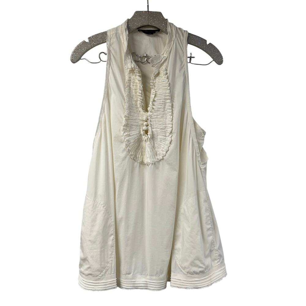 BCBGMAXAZRIA White Tunic Tank With Ruffled Bib w/pockets! Medium Party Casual
